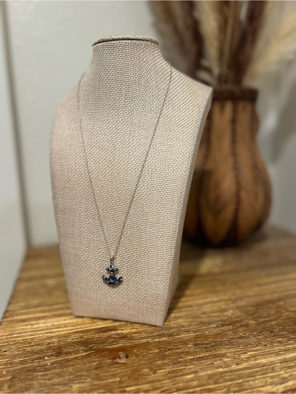 925 Sterling Silver Blue Sapphire Topaz Anchor Studded Pendant Necklace